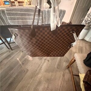 Louis Vuitton Neverfull (Damier Ebene with red interior) Tote Bag